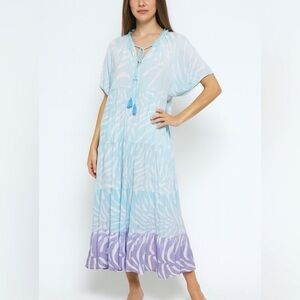 Oliphant Ruffle Collar Zebra Print Maxi Dress Women’s Size Small Ombré Blue Cott